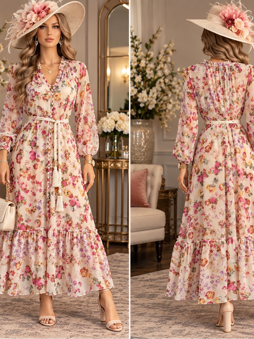 16570  Forum Los Angeles Floral Maxi Dress Women’s S Long Sleeve Belted Boho NWT